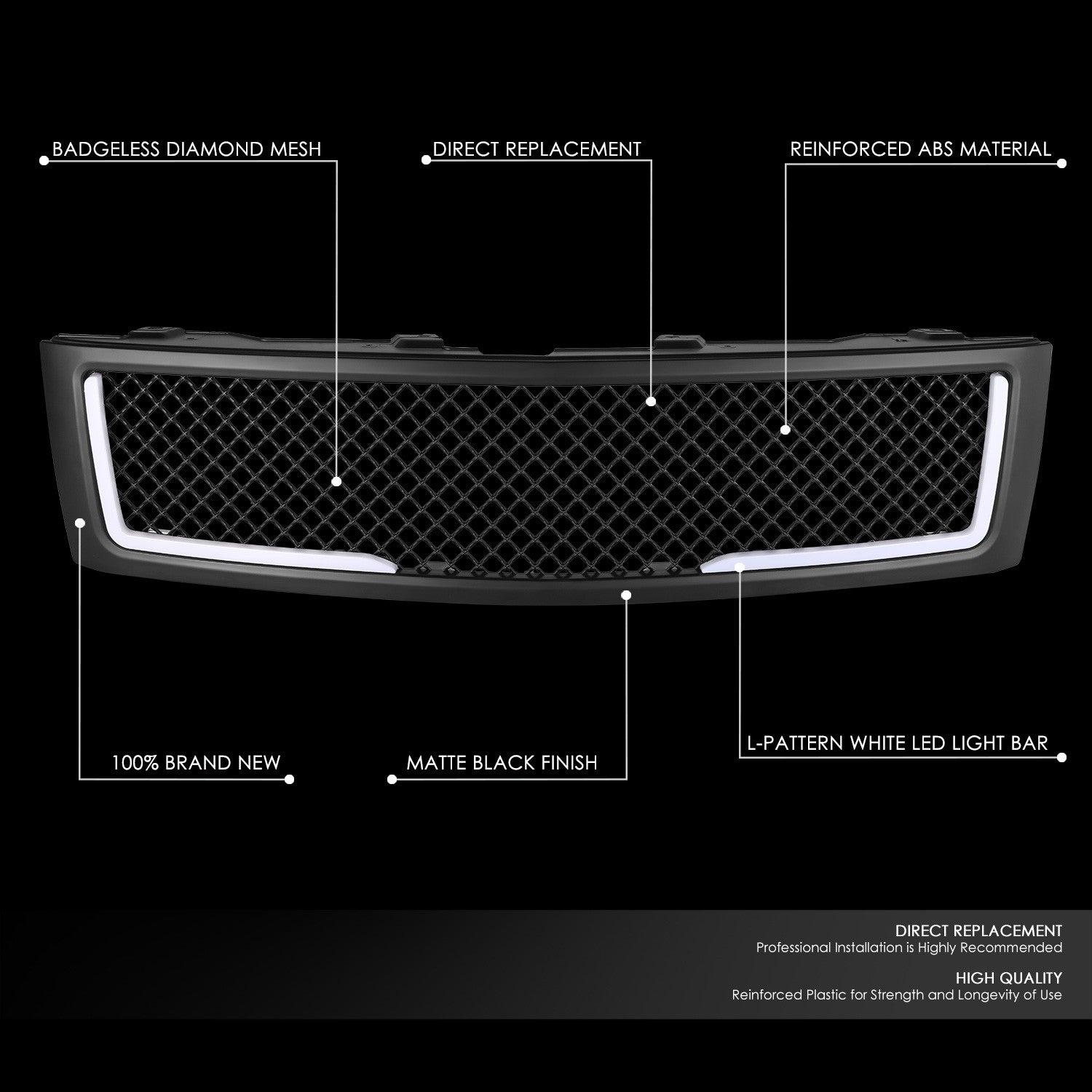BFC-FGR-1-LB-002T2-MBK Matte Black Diamond Mesh LED DRL Front Grille BFC-FGR-1-LB-002T2-MBK