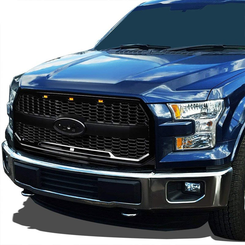 Black Matte Honeycomb Mesh Style Front Grille+Running Light For 15-17 Ford F-150-Exterior-BuildFastCar