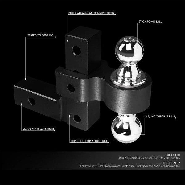 Black Universal Aluminum Dual Ball Mount Adjustable Trailer Tow Hitch Receiver-Truck & Towing-BuildFastCar-BFC-HITCALU-001BK