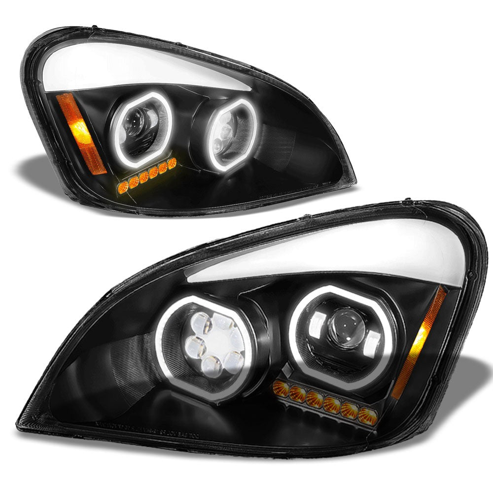 Trailer Headlight (Black Housing, Clear Lens, ABS Plastic/Polycarbonate Lens, Full LED) Works With 2008-2017 Freightliner Cascadia