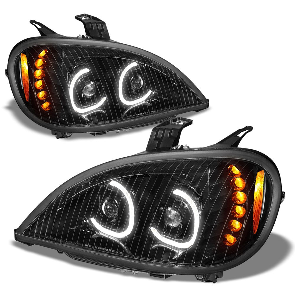 Trailer Headlight (Black Housing, Clear Lens, ABS Plastic/Polycarbonate Lens, Full LED) Works With 04-17 Freightliner Columbia
