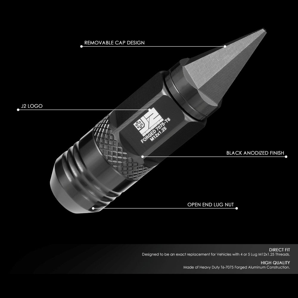 J2 20PCs Black M12x1.25 Open / Closed End Spike 81mm Tall Lug Nuts J2-LN-T7-029-125-BK