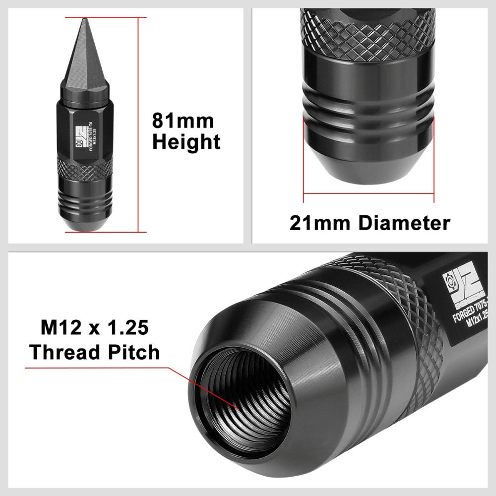 J2 20PCs Black M12x1.25 Open / Closed End Spike 81mm Tall Lug Nuts J2-LN-T7-029-125-BK