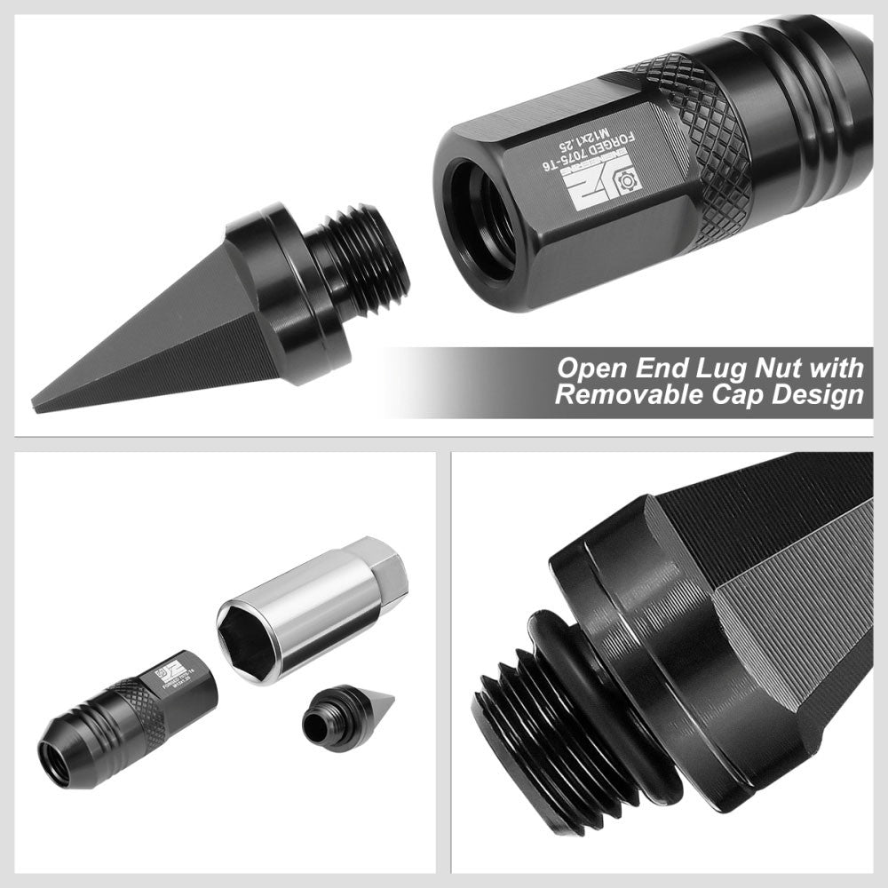 J2 20PCs Black M12x1.25 Open / Closed End Spike 81mm Tall Lug Nuts J2-LN-T7-029-125-BK