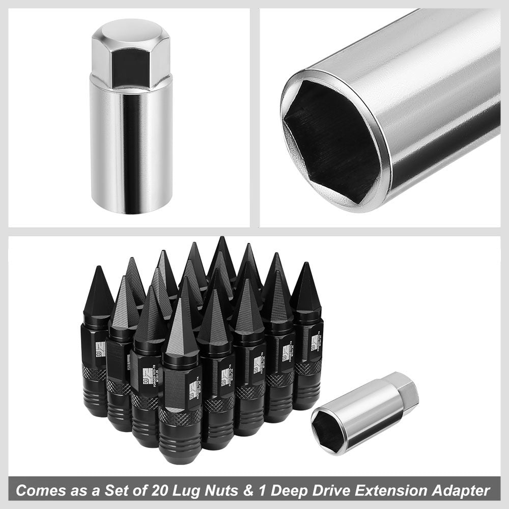 J2 20PCs Black M12x1.25 Open / Closed End Spike 81mm Tall Lug Nuts J2-LN-T7-029-125-BK
