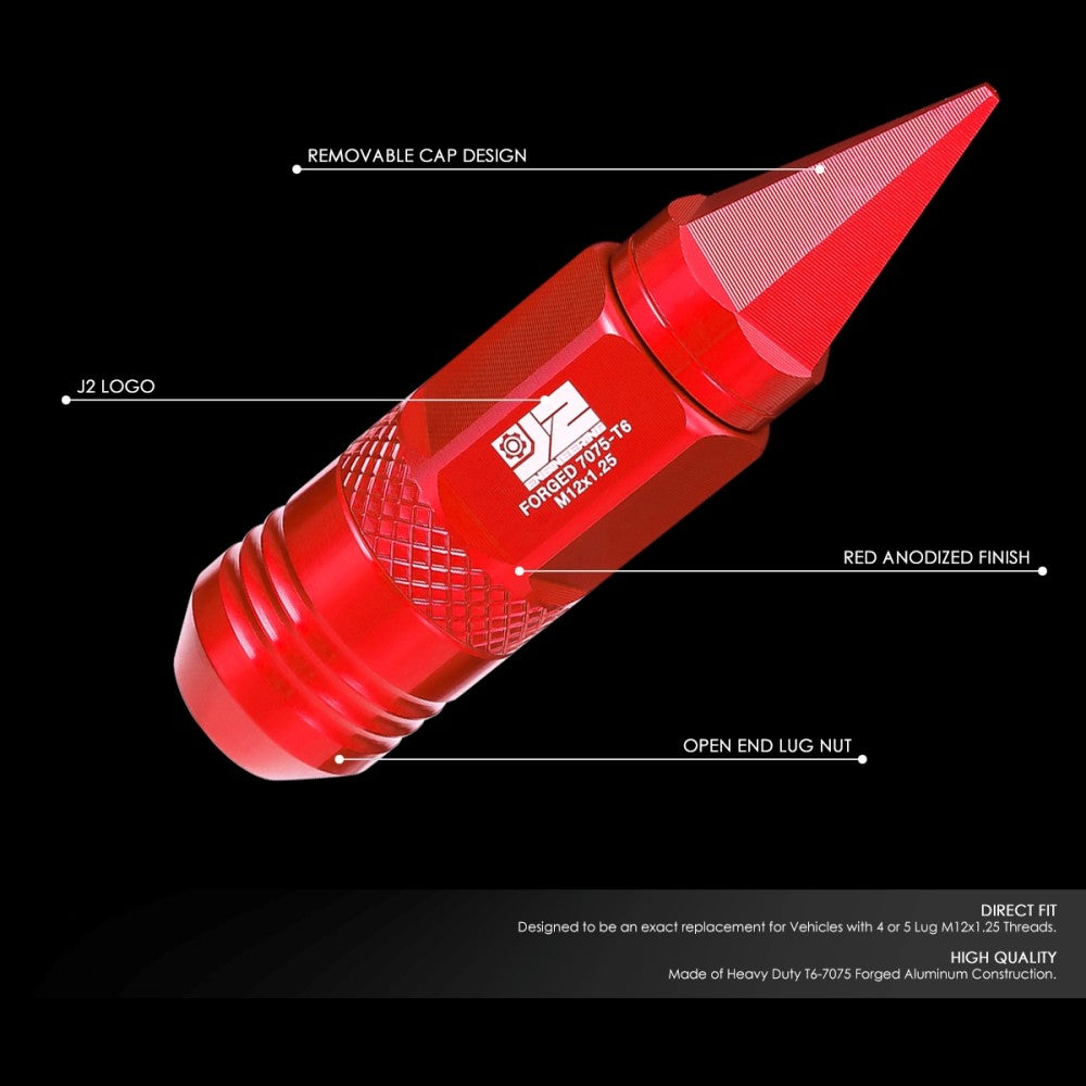 J2 20PCs Red M12x1.25 Open / Closed End Spike 81mm Tall Lug Nuts J2-LN-T7-029-125-RD