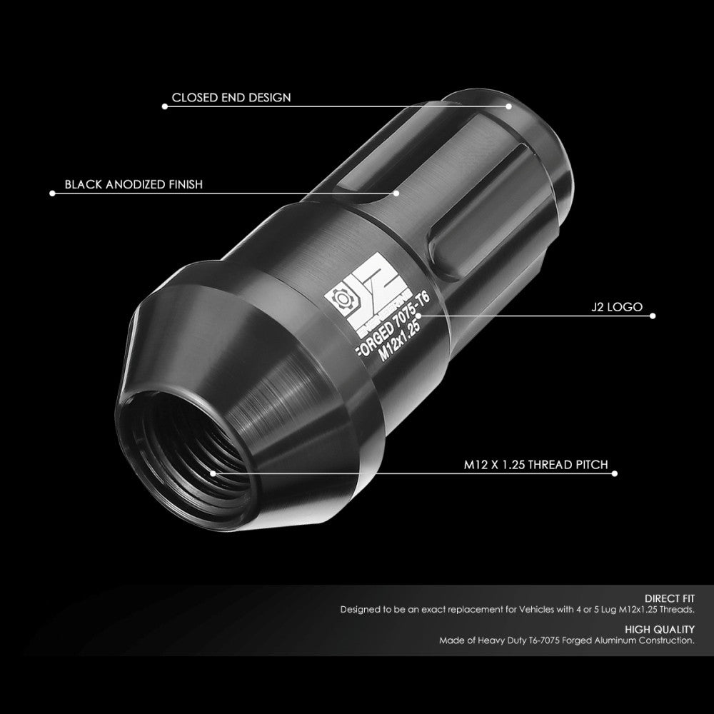 J2 20PCs Black M12x1.25 Closed End Spline Drive 50mm Tall Lug Nuts J2-LN-T7-035-125-BK