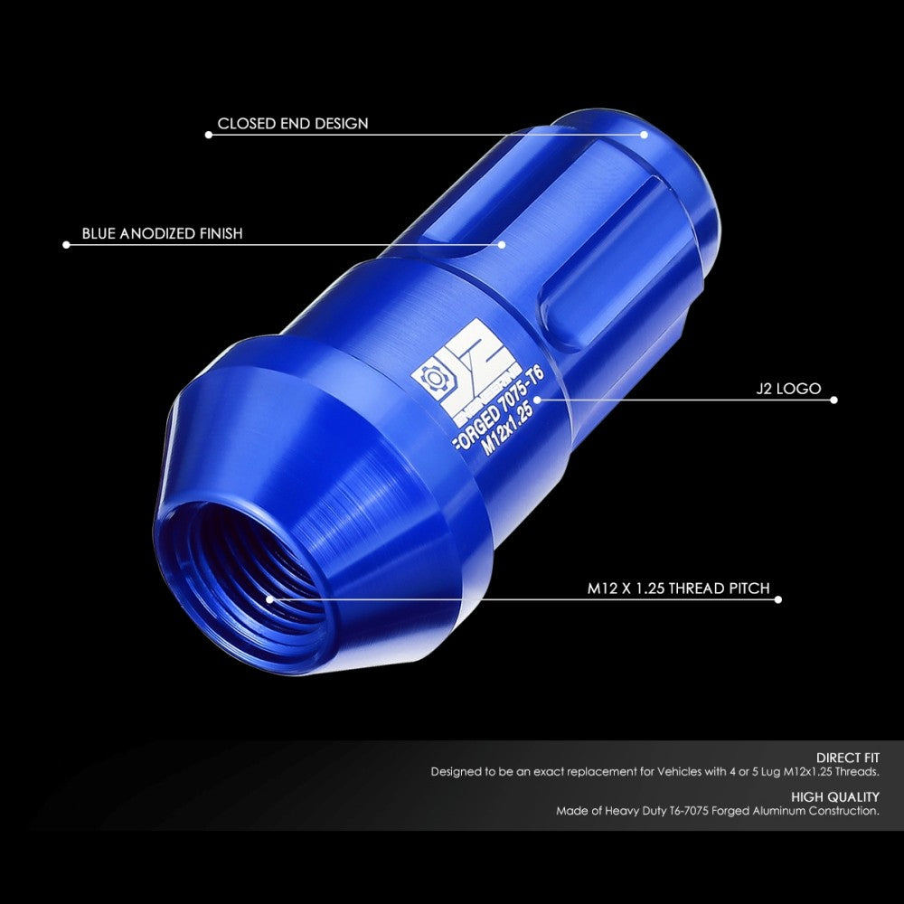 J2 20PCs Blue M12x1.25 Closed End Spline Drive 50mm Tall Lug Nuts J2-LN-T7-035-125-BL