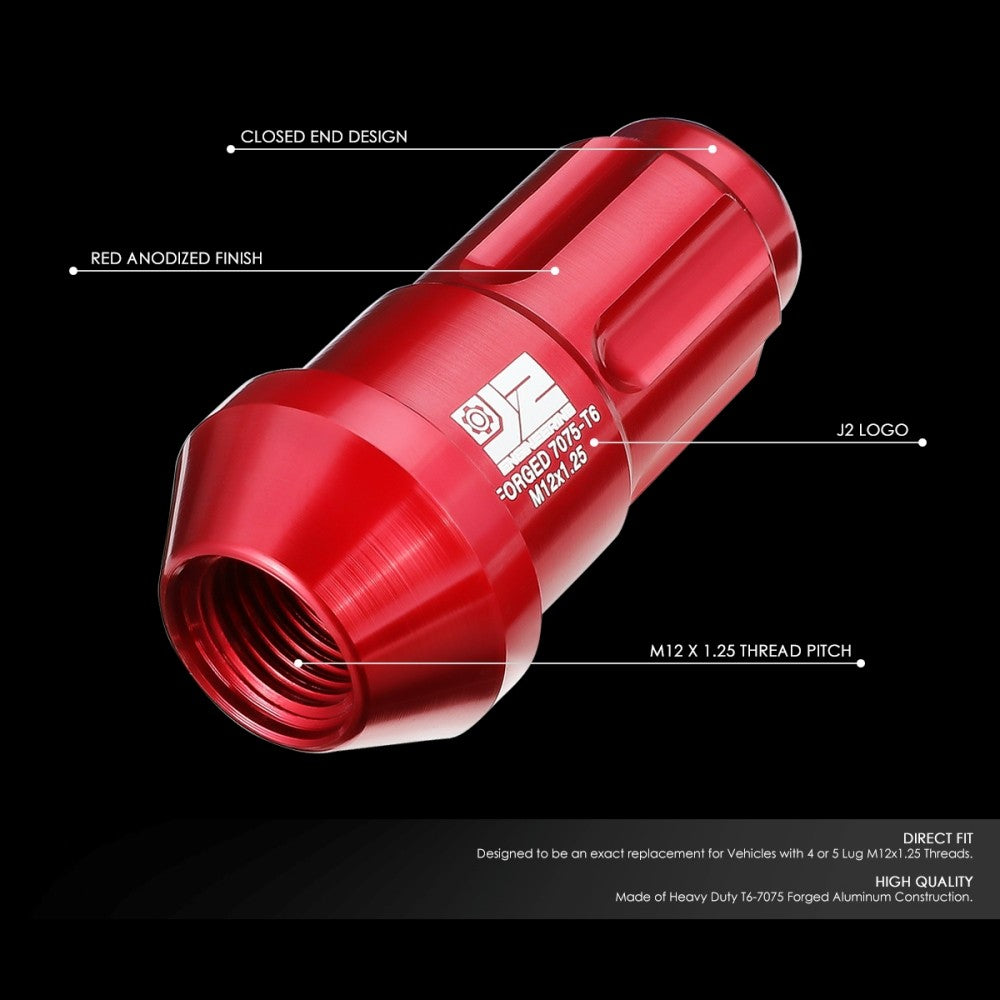 J2 20PCs Red M12x1.25 Closed End Spline Drive 50mm Tall Lug Nuts J2-LN-T7-035-125-RD
