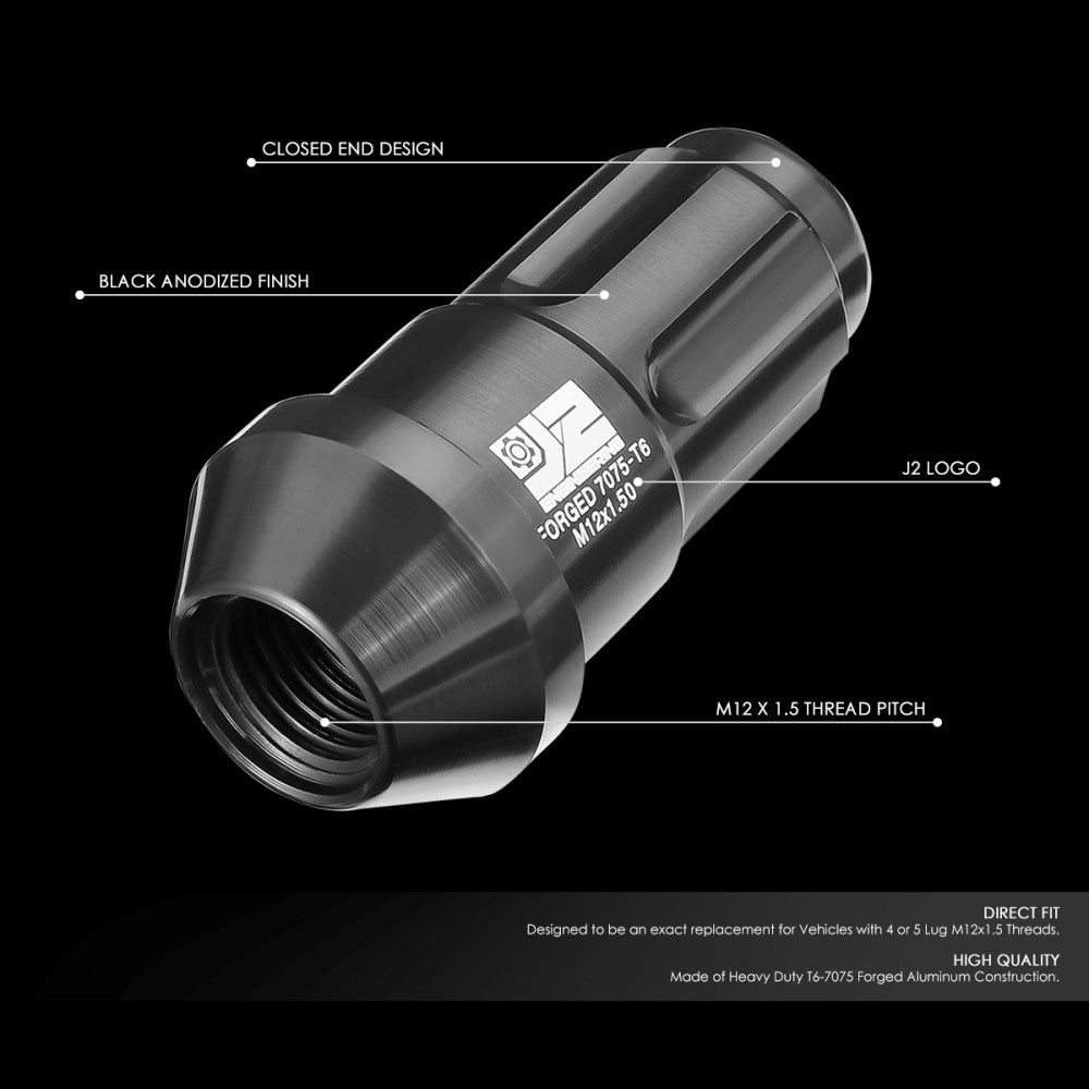 J2 20PCs Black M12x1.5 Closed End Spline Drive 50mm Tall Lug Nuts J2-LN-T7-035-15-BK