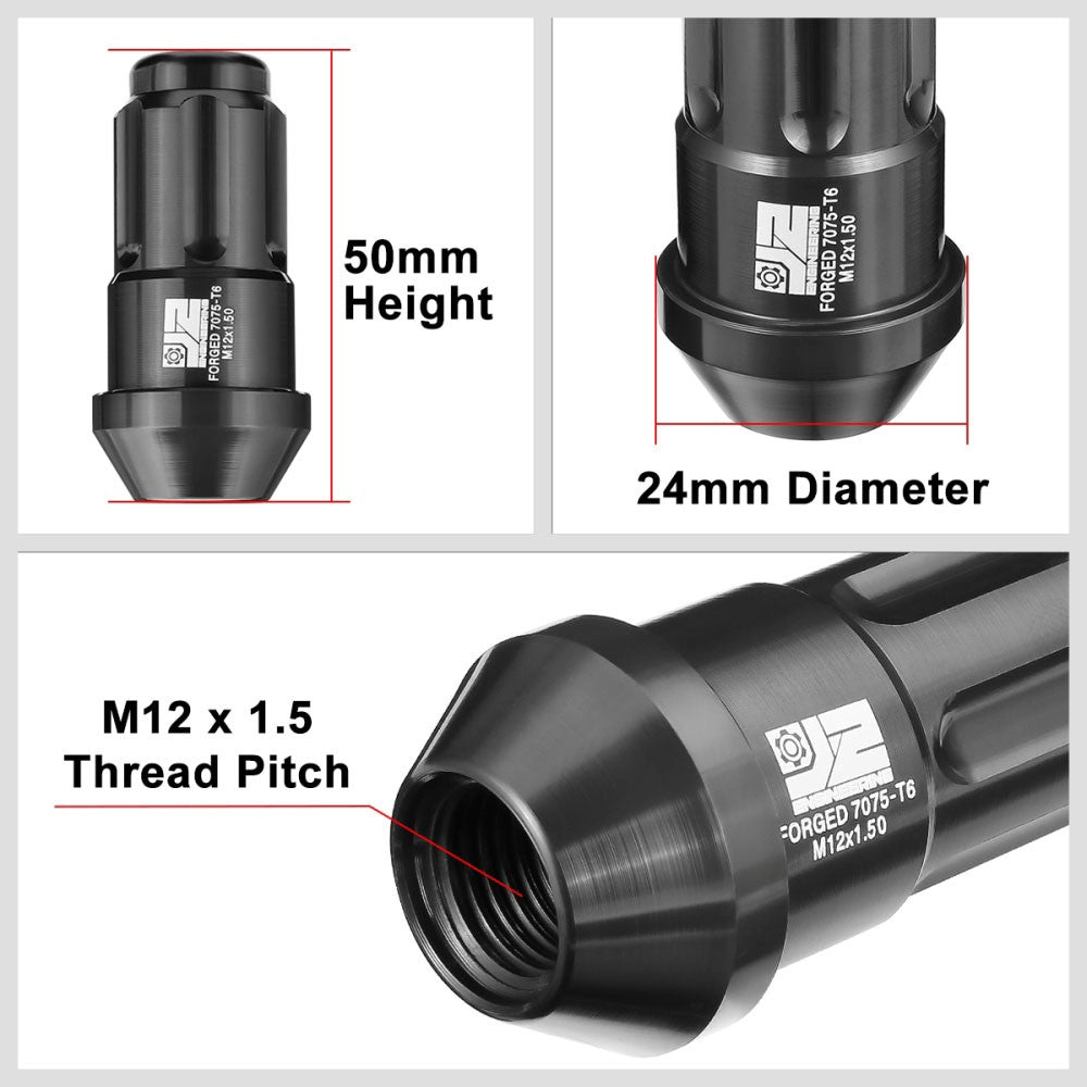 J2 20PCs Black M12x1.5 Closed End Spline Drive 50mm Tall Lug Nuts J2-LN-T7-035-15-BK