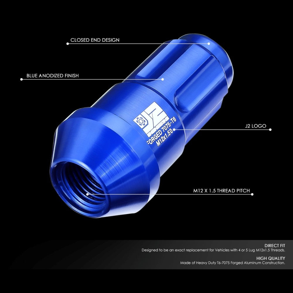J2 20PCs Blue M12x1.5 Closed End Spline Drive 50mm Tall Lug Nuts J2-LN-T7-035-15-BL