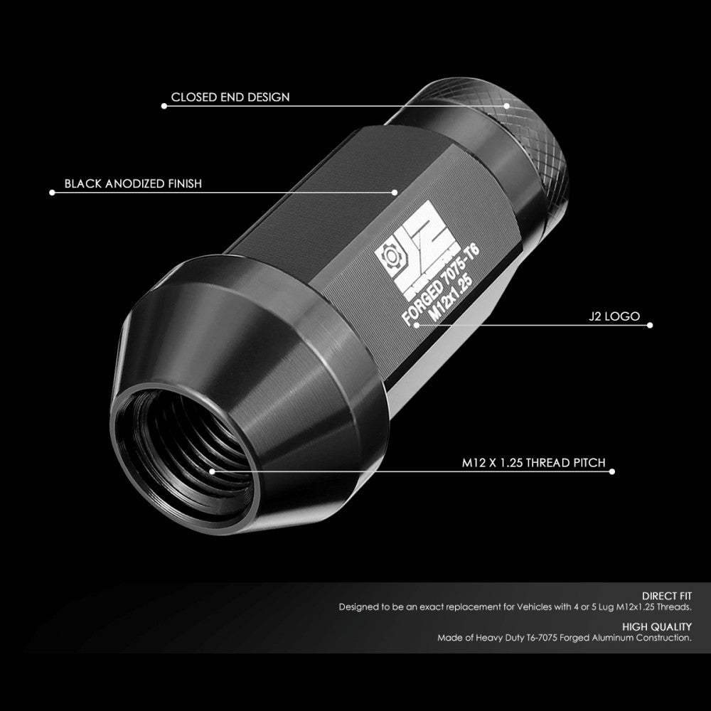 J2 20PCs Black M12x1.25 Closed End Knurled Top 50mm Tall Lug Nuts J2-LN-T7-037-125-BK