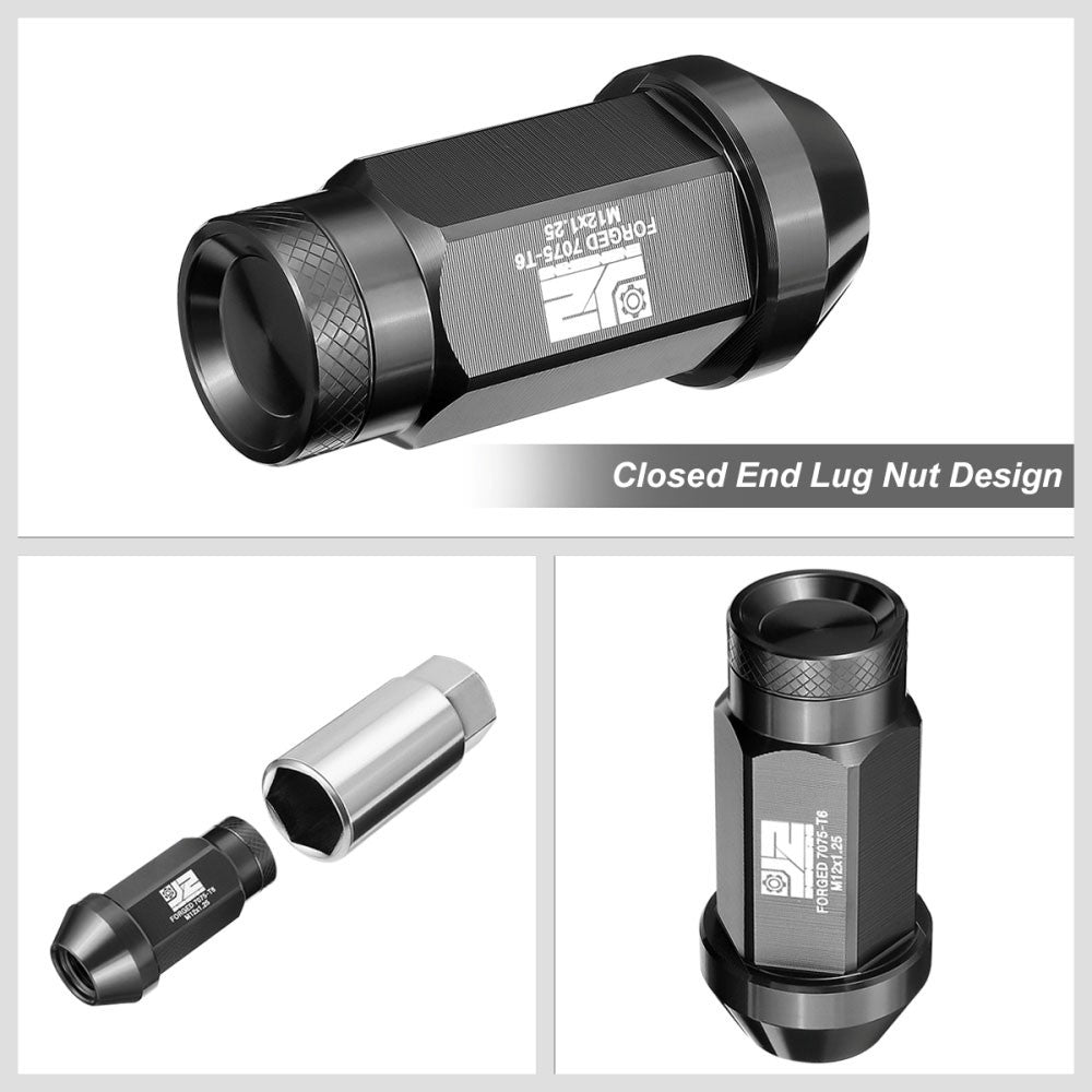 J2 20PCs Black M12x1.25 Closed End Knurled Top 50mm Tall Lug Nuts J2-LN-T7-037-125-BK