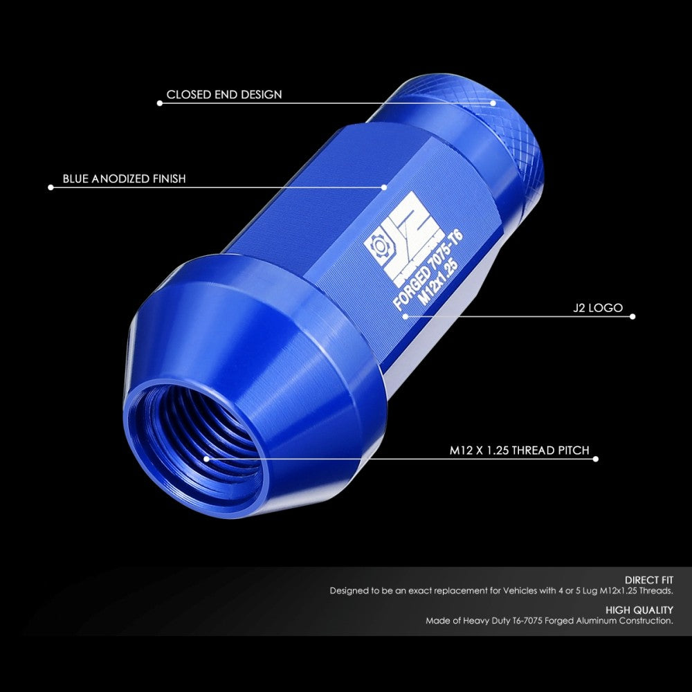 J2 20PCs Blue M12x1.25 Closed End Knurled Top 50mm Tall Lug Nuts J2-LN-T7-037-125-BL