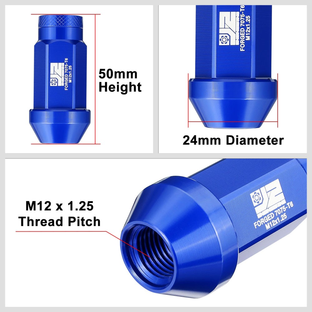 J2 20PCs Blue M12x1.25 Closed End Knurled Top 50mm Tall Lug Nuts J2-LN-T7-037-125-BL