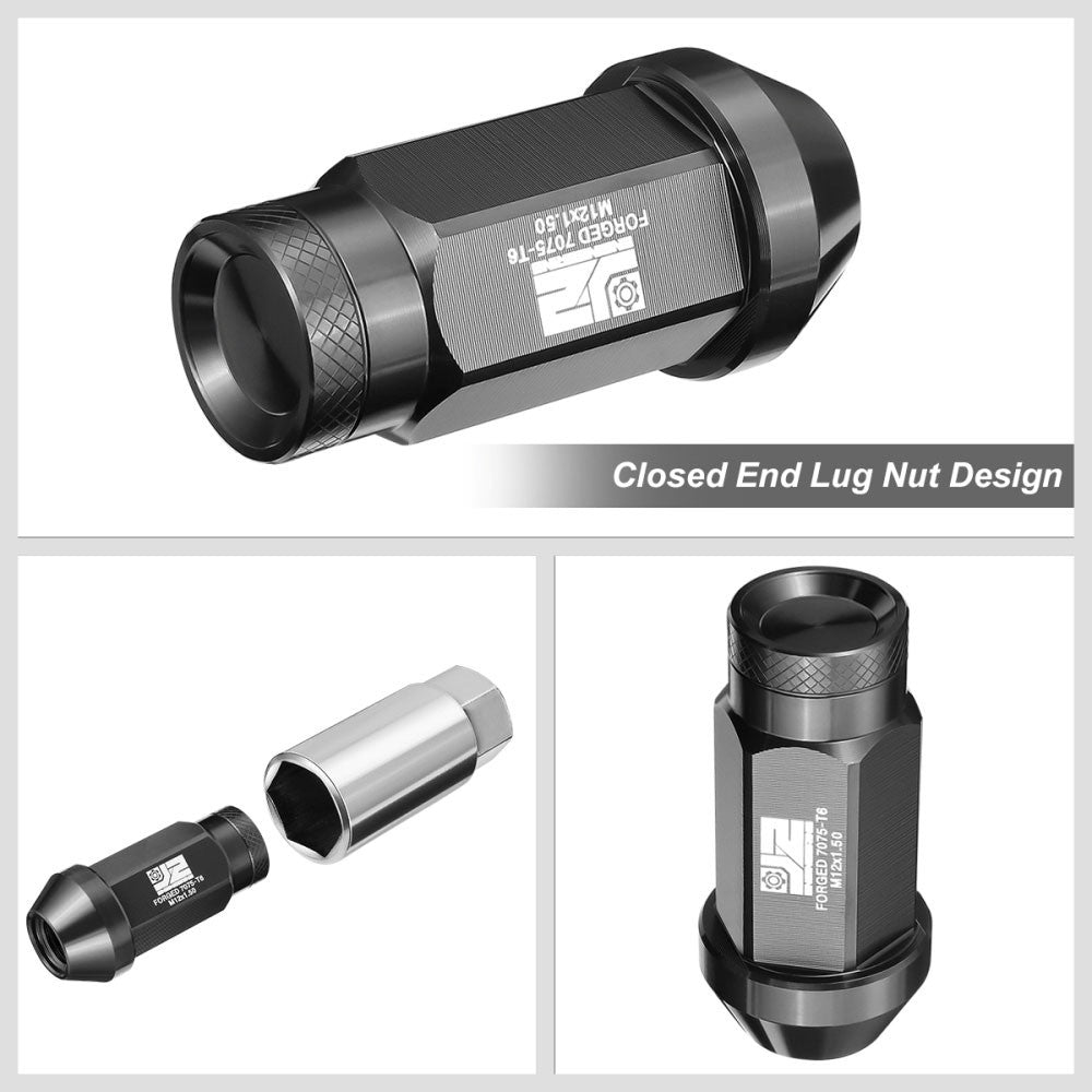 J2 20PCs Black M12x1.5 Closed End Knurled Top 50mm Tall Lug Nuts J2-LN-T7-037-15-BK