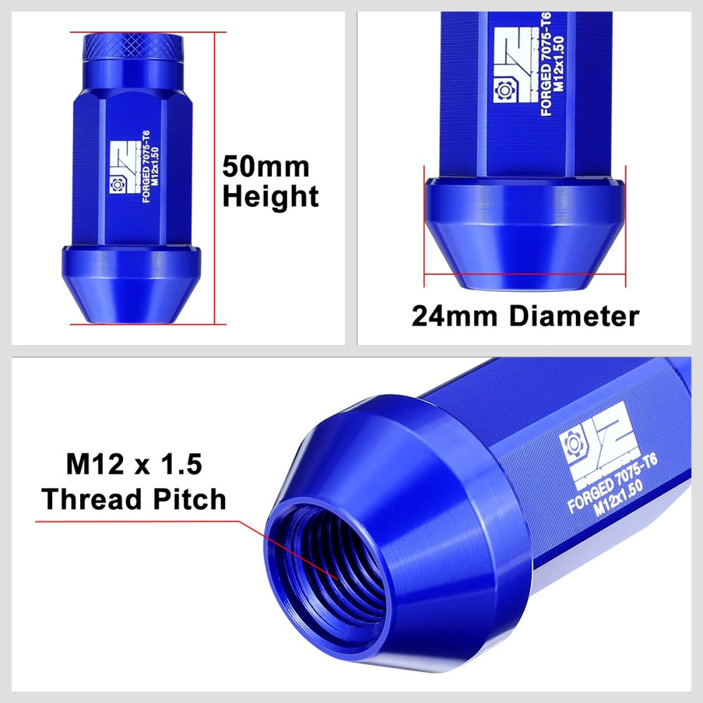 J2 20PCs Blue M12x1.5 Closed End Knurled Top 50mm Tall Lug Nuts J2-LN-T7-037-15-BL