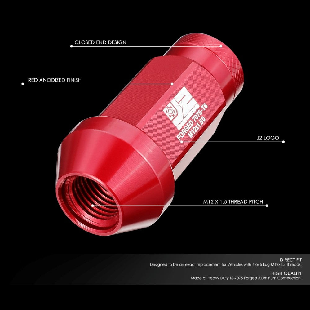 J2 20PCs Red M12x1.5 Closed End Knurled Top 50mm Tall Lug Nuts J2-LN-T7-037-15-RD