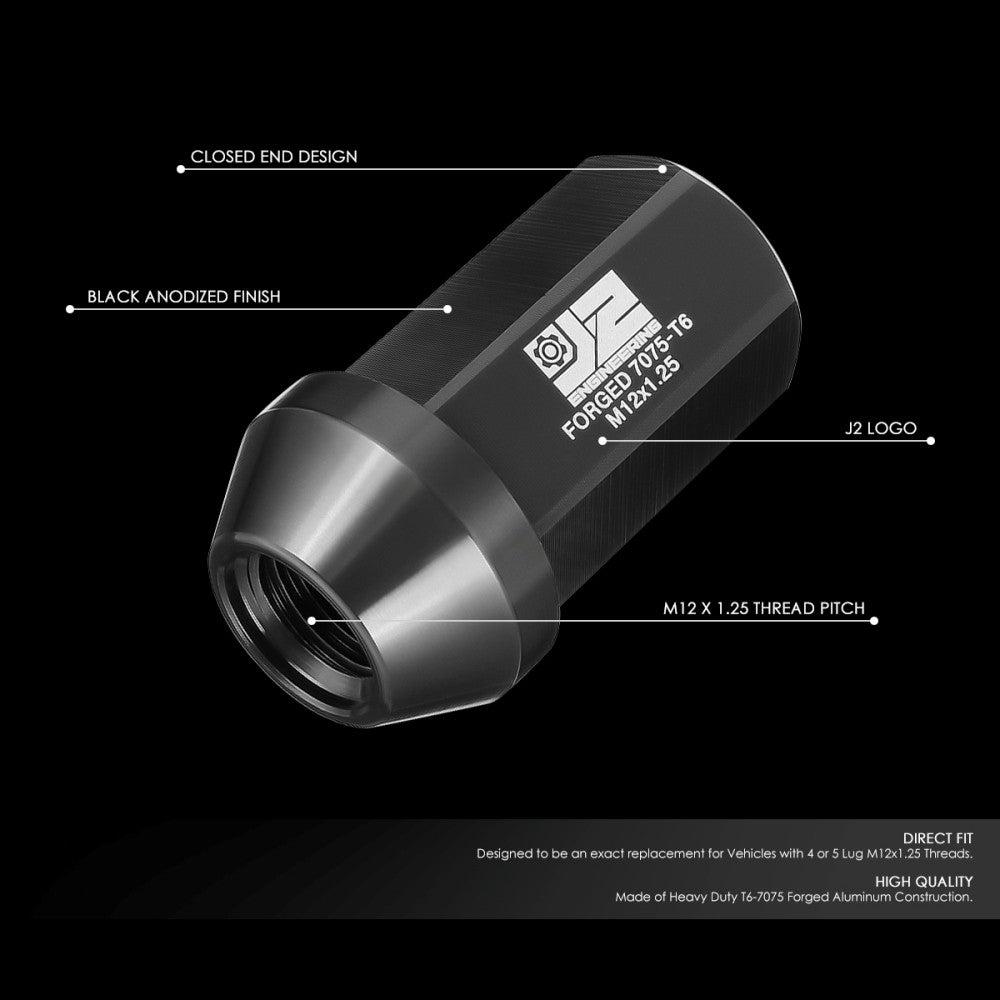 J2 20PCs Black M12x1.25 Closed End 25MM OD/42MM Tall Lug Nuts J2-LN-T7-038-125-BK
