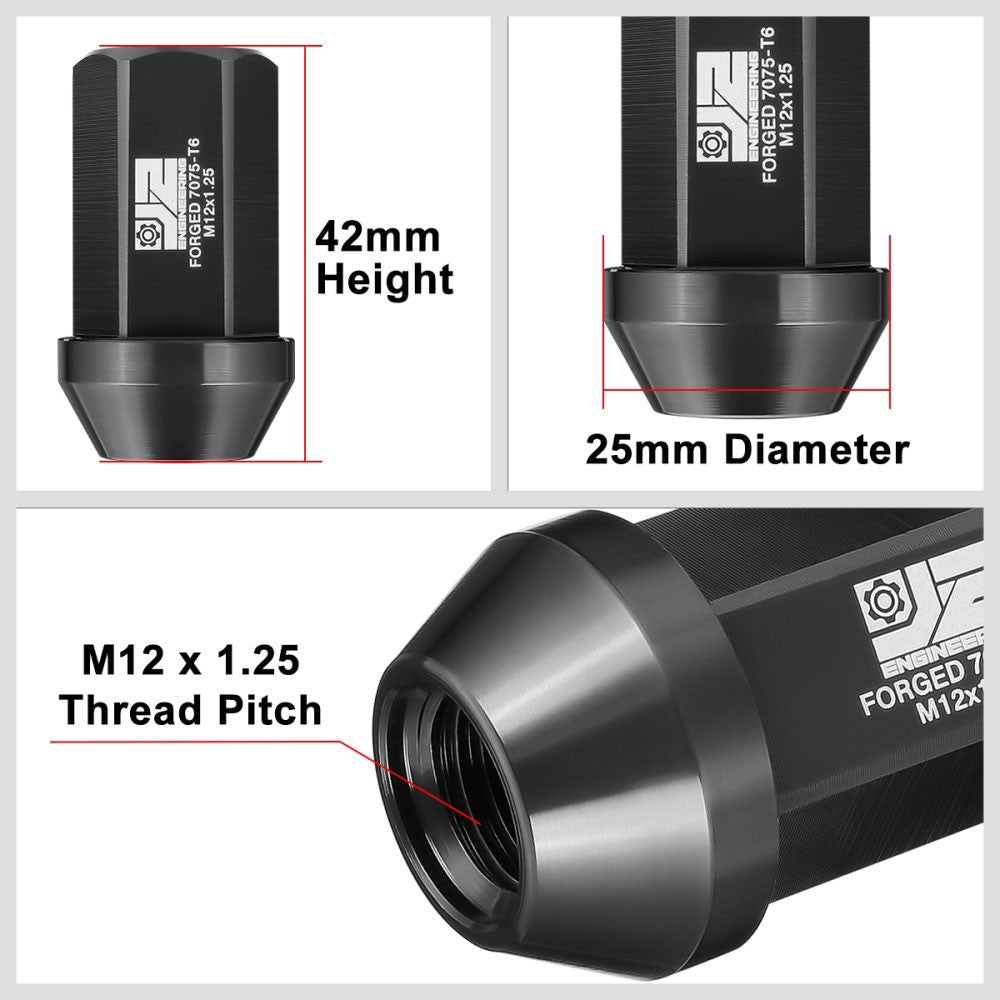 J2 20PCs Black M12x1.25 Closed End 25MM OD/42MM Tall Lug Nuts J2-LN-T7-038-125-BK
