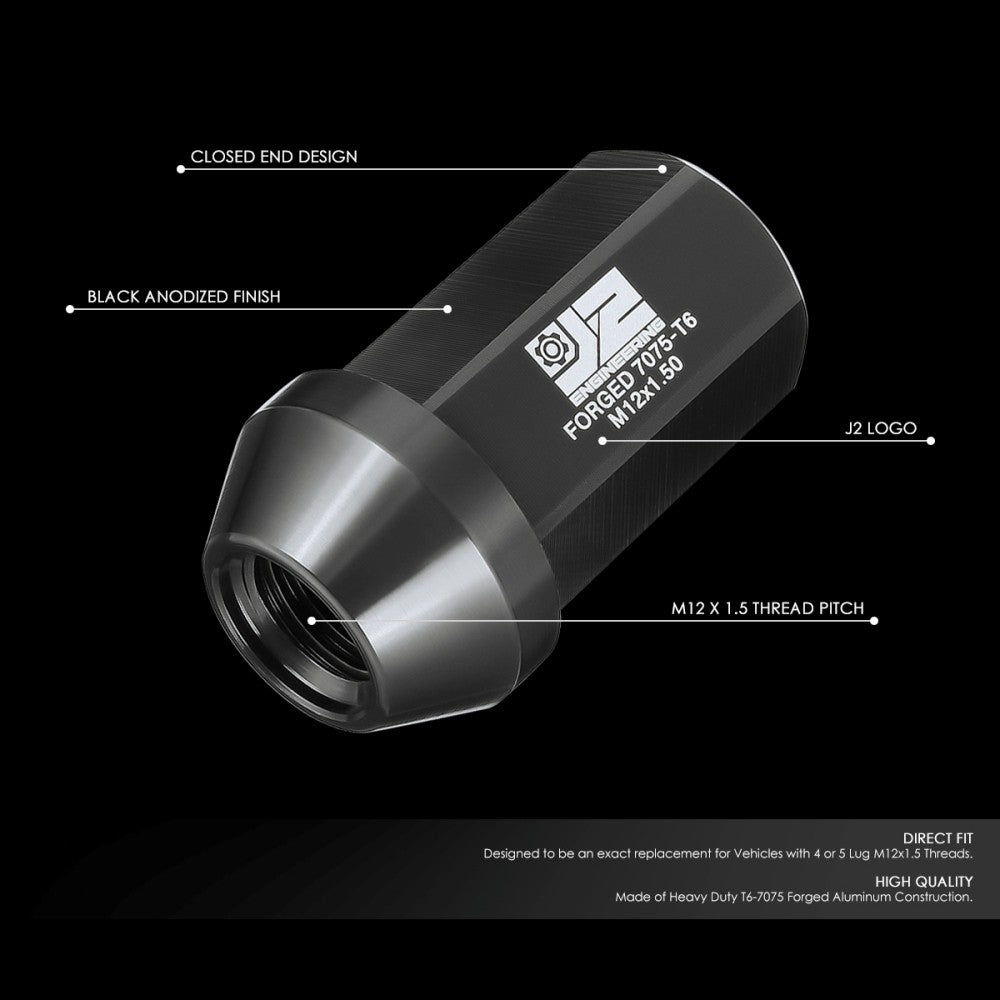 J2 20PCs Black M12x1.5 Closed End 25MM OD/42MM Tall Lug Nuts J2-LN-T7-038-15-BK