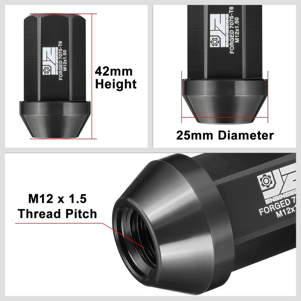J2 20PCs Black M12x1.5 Closed End 25MM OD/42MM Tall Lug Nuts J2-LN-T7-038-15-BK