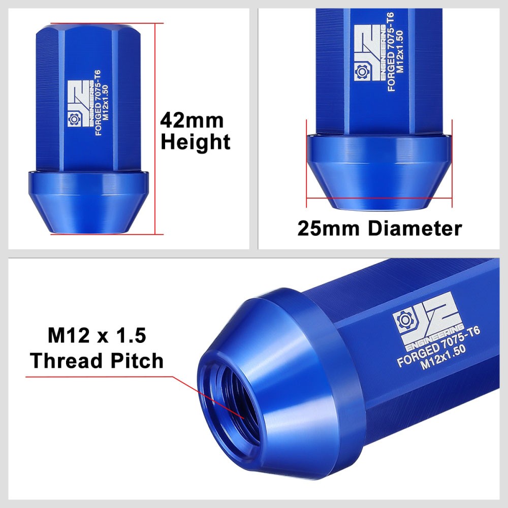 J2 20PCs Blue M12x1.5 Closed End 25MM OD/42MM Tall Lug Nuts J2-LN-T7-038-15-BL