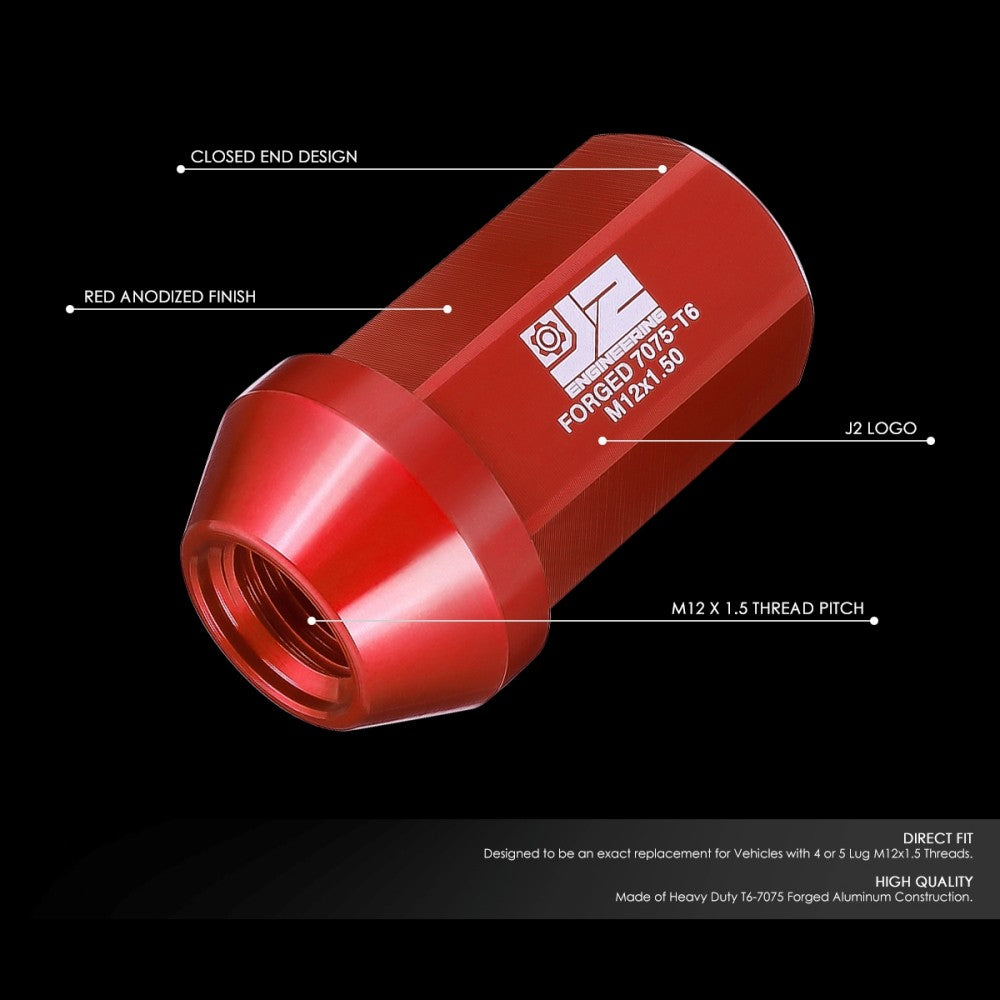J2 20PCs Red M12x1.5 Closed End 25MM OD/42MM Tall Lug Nuts J2-LN-T7-038-15-RD