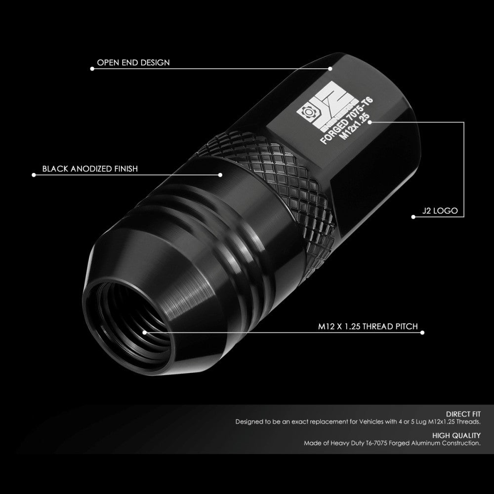 J2 20PCs Black M12x1.25 Open End 21MM OD/50MM Tall Lug Nuts J2-LN-T7-040-125-BK