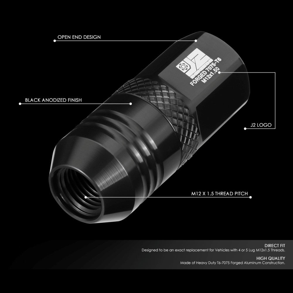 J2 20PCs Black M12x1.5 Open End 21MM OD/50MM Tall Lug Nuts J2-LN-T7-040-15-BK