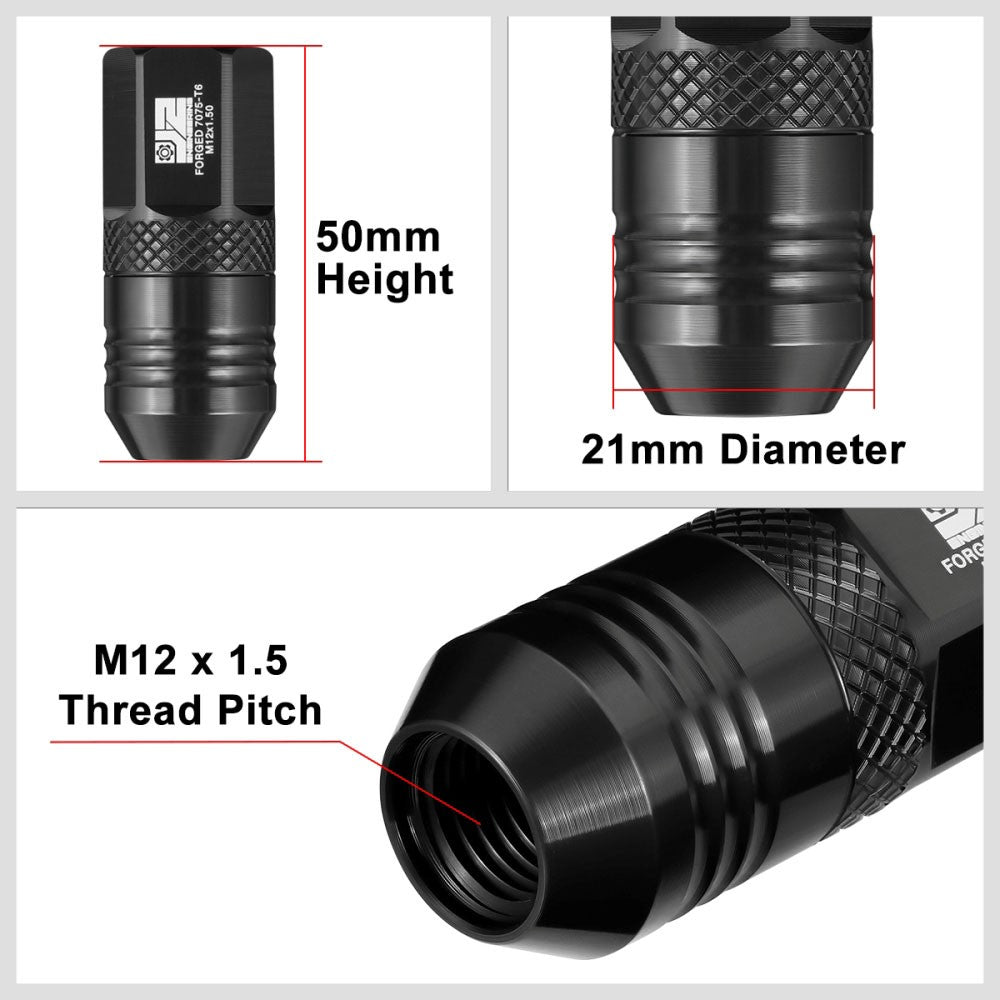 J2 20PCs Black M12x1.5 Open End 21MM OD/50MM Tall Lug Nuts J2-LN-T7-040-15-BK