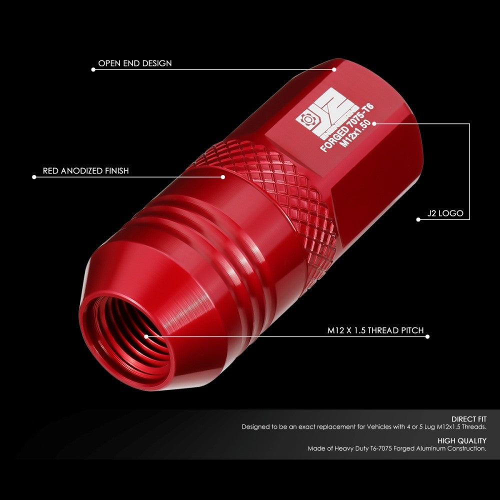 J2 20PCs Red M12x1.5 Open End 21MM OD/50MM Tall Lug Nuts J2-LN-T7-040-15-RD