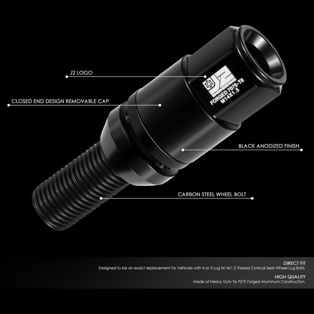 J2 Black M14x1.5 Closed End 23MM OD/76mm Tall Conical Seat Lug Nuts J2-LN-T7-041CS-BK
