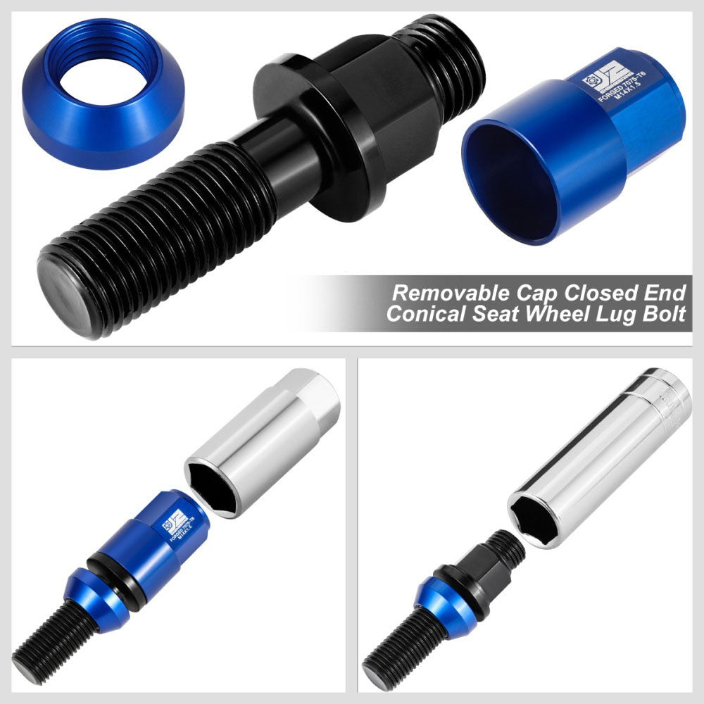 J2 Blue M14x1.5 Closed End 23MM OD/76mm Tall Conical Seat Lug Nuts J2-LN-T7-041CS-BL