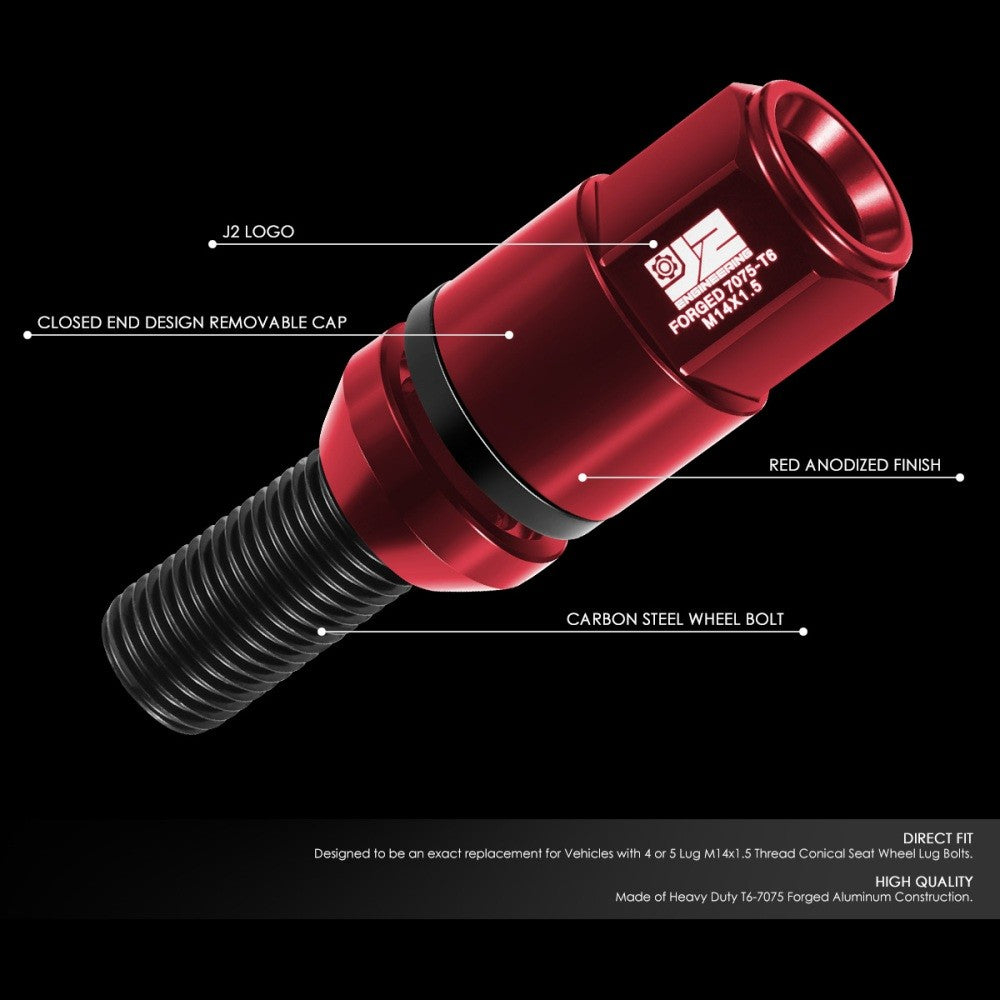 J2 Red M14x1.5 Closed End 23MM OD/76mm Tall Conical Seat Lug Nuts J2-LN-T7-041CS-RD