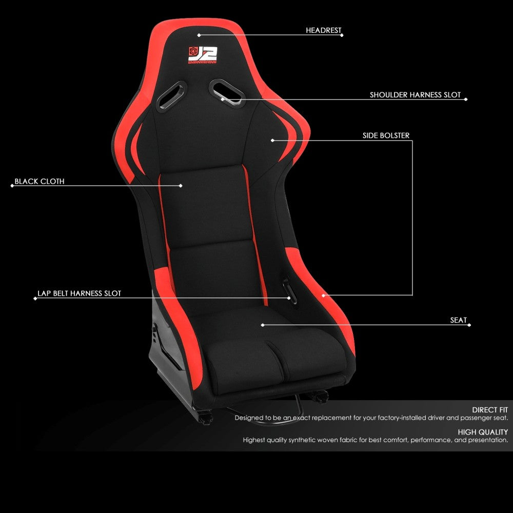 J2 J2-RS-001-RD Fixed Position Bucket Racing Seat w/Slider Black/Red J2-RS-001-RD