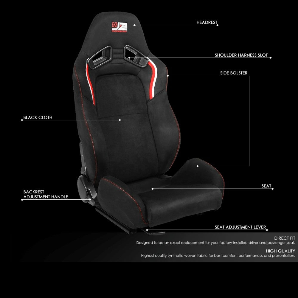 J2 J2-RS-003-BK Reclineable Racing Seat w/Slider Black/Red/White J2-RS-003-BK