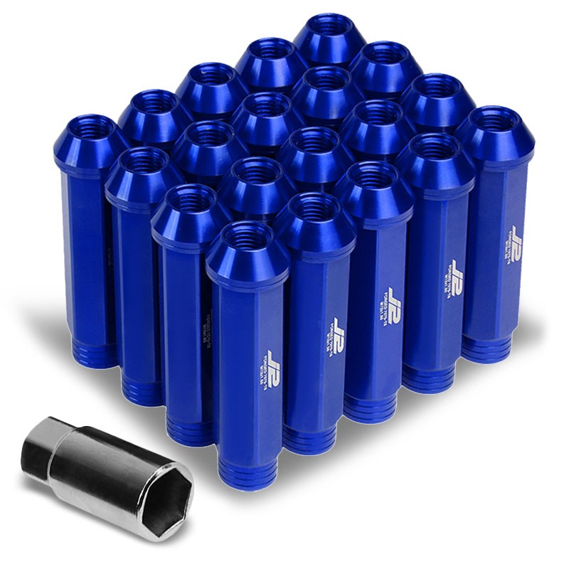 J2 Blue Open Knurled End Acorn Tuner 25MM OD/90MM M12 x 1.50 Lug Nuts+Adapter-Car & Truck Wheels-BuildFastCar