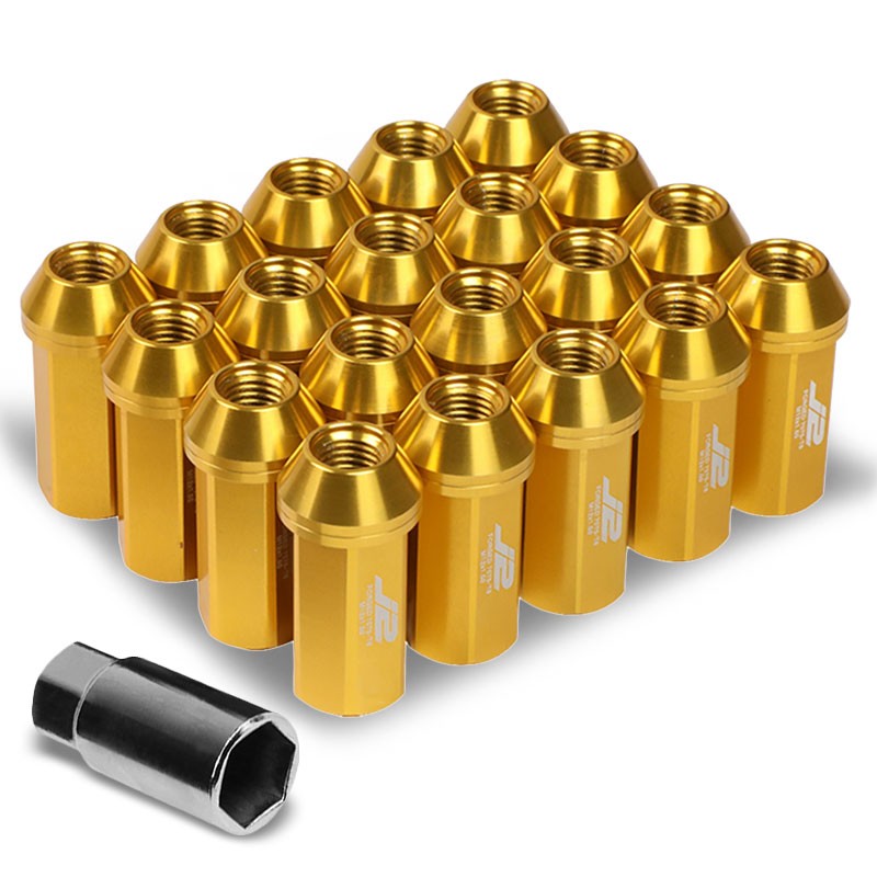 J2 Gold Close End Acorn Tuner 25MM OD/50MM M12x1.50 20 Pcs Lug Nuts Set+Adapter-Car & Truck Wheels-BuildFastCar