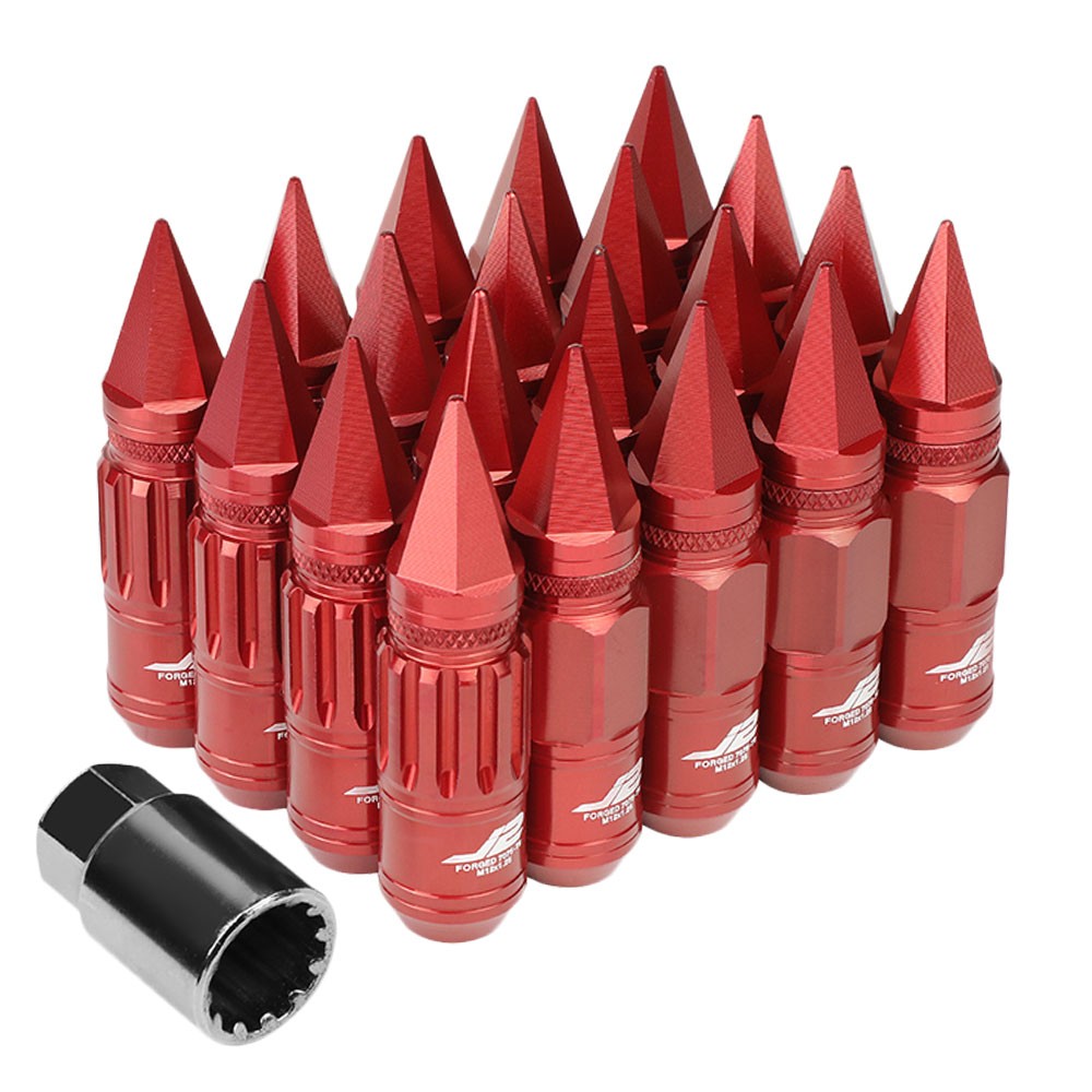 J2 Red Open Knurled End w/Spike Cap Lug Nuts Conical Seat M12x1.25 T7-012