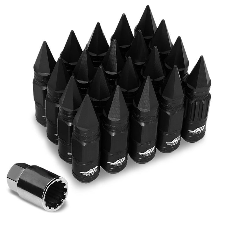 J2 Black Open Knurled End Acorn+Spike Cap M12 x 1.50 16 Lug Nuts+4 Lock Nuts-Car & Truck Wheels-BuildFastCar-BFC-LN-T7-012-15-BK