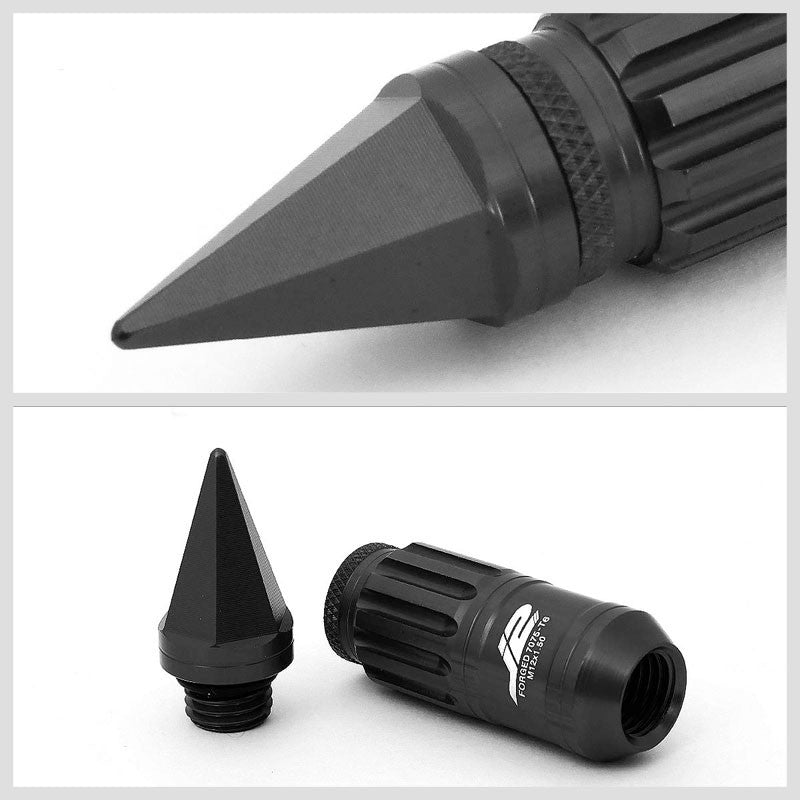 J2 Black Open Knurled End Acorn+Spike Cap M12 x 1.50 16 Lug Nuts+4 Lock Nuts-Car & Truck Wheels-BuildFastCar-BFC-LN-T7-012-15-BK