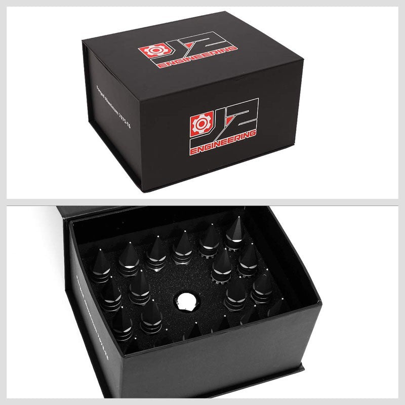 J2 Black Open Knurled End Acorn+Spike Cap M12 x 1.50 16 Lug Nuts+4 Lock Nuts-Car & Truck Wheels-BuildFastCar-BFC-LN-T7-012-15-BK