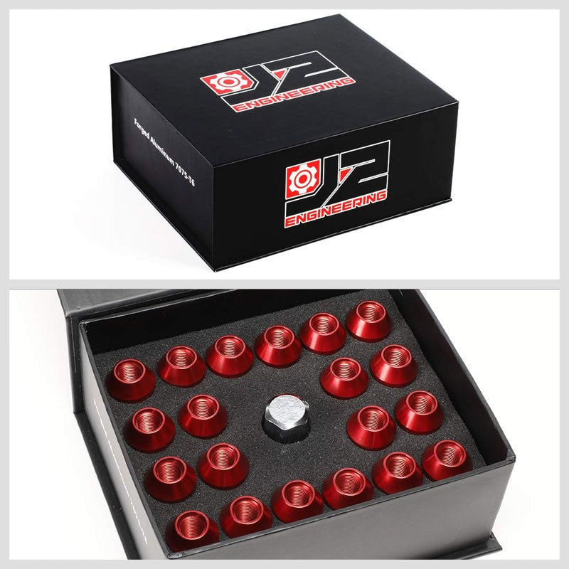 J2 Red Close End Acorn Tuner 25MM OD/35MM M12x1.25 20 Pcs Lug Nuts Set+Adapter-Car & Truck Wheels-BuildFastCar
