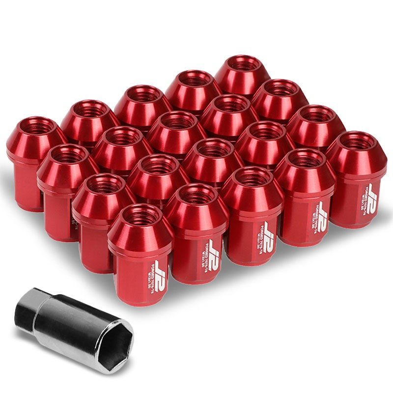 J2 Red Close End Acorn Tuner 25MM OD/35MM M12 x 1.50 Lug Nuts 20 Pcs Set+Adapter-Car & Truck Wheels-BuildFastCar