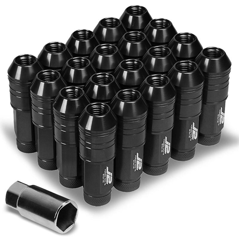 J2 Black Open Knurled End Acorn Tuner 25MM OD/70MM M12 x 1.50 Lug Nuts+Adapter-Car & Truck Wheels-BuildFastCar