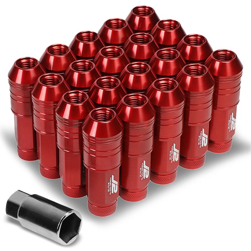 J2 Red Open Knurled End Acorn Tuner 70MM M12x1.50 Lug Nuts 20 Pcs Set+Adapter-Car & Truck Wheels-BuildFastCar