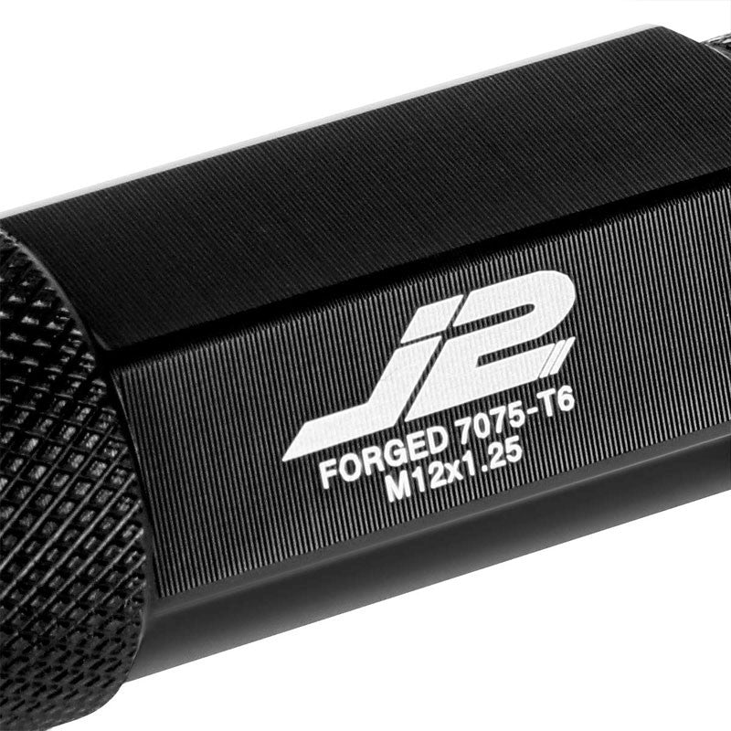J2 Black Open Double Knurled End Acorn Tuner 70MM M12x1.25 Lug Nuts Set+Adapter-Car & Truck Wheels-BuildFastCar