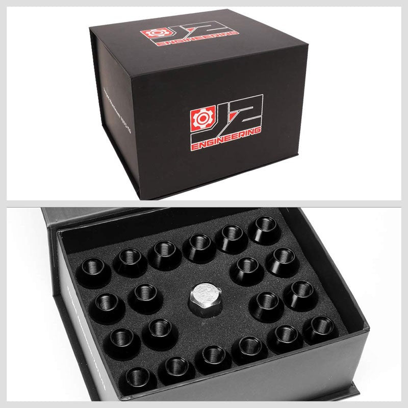 J2 Black Open Double Knurled End Acorn Tuner 70MM M12x1.25 Lug Nuts Set+Adapter-Car & Truck Wheels-BuildFastCar